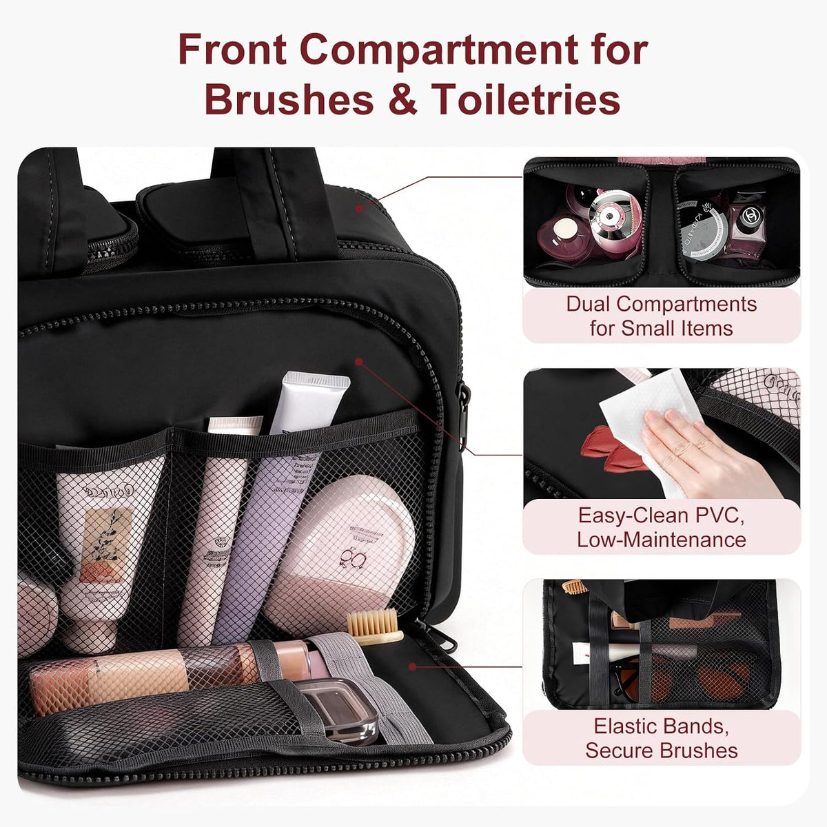 Travel Makeup Bag, Portable Travel Bag with Hanging Hook for Women, Waterproof and Hanging Toiletry Bags Travel Organizer Accessories for Travel Essentials,Black
