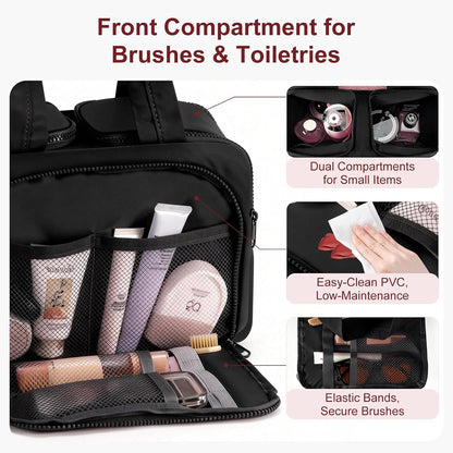 Travel Makeup Bag, Portable Travel Bag with Hanging Hook for Women, Waterproof and Hanging Toiletry Bags Travel Organizer Accessories for Travel Essentials,Black