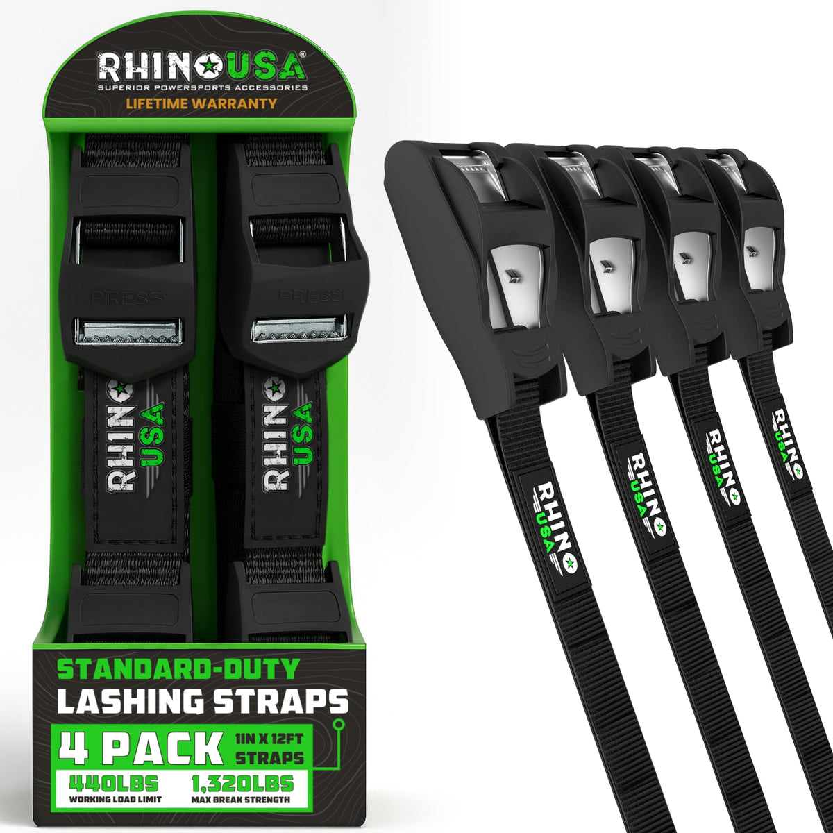 Rhino USA Lashing Straps (4-Pack) - Cam Buckle Tie Downs for Kayak, Cargo