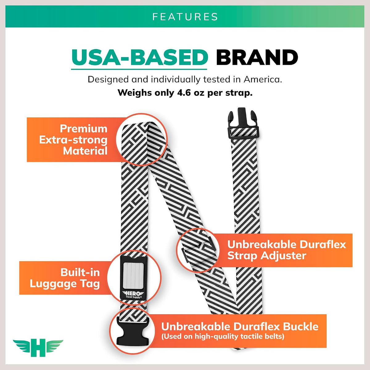 Hero Luggage Straps for Suitcases (2-Pack) Heavy-Duty Adjustable Luggage Belt with Duraflex Buckle & Built-in Luggage Tag – Checked Bag & Carry-on Travel Essentials