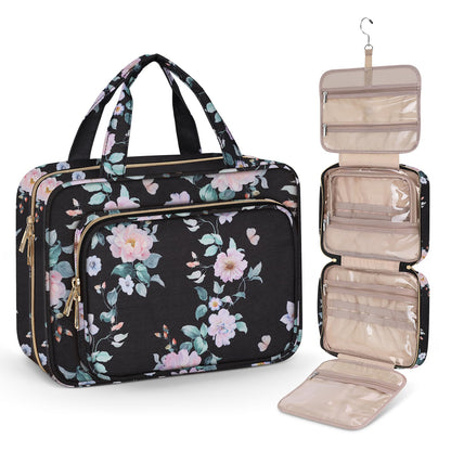 Wedama Toiletry Bag for Women, Hanging Travel Toiletry Bag with Jewelry Organizer Compartment Large Makeup Bag, PVC Waterproof Cosmetic Travel Bag for Travel Business Trips Camping Bathroom, Black