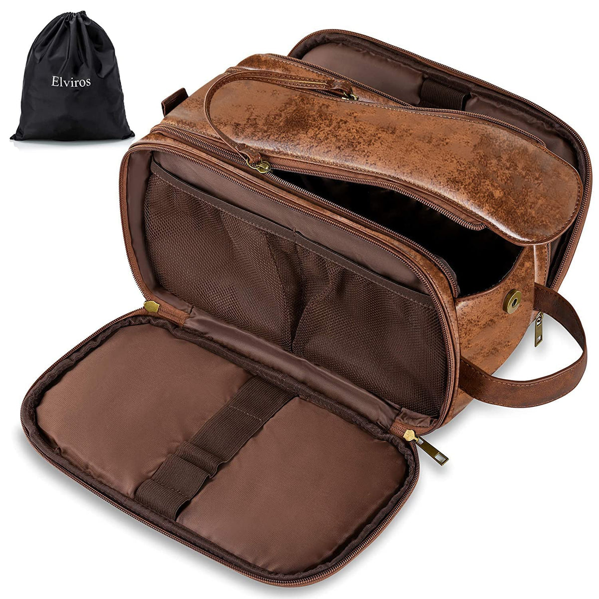 Elviros Toiletry Bag for Men PU Leather Shaving Dopp Kit (Large,Brown)