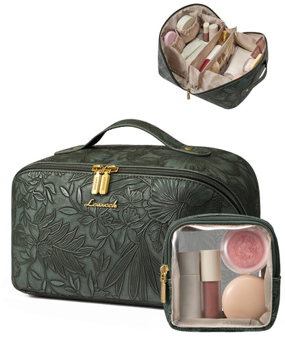 LOVEVOOK Travel Makeup Bag for Women, 2Pcs Large Capacity Cosmetic Organizer Bag, Waterproof PU Leather, Flat Open Portable Small Toiletry Pouch for Skincare, Brushes