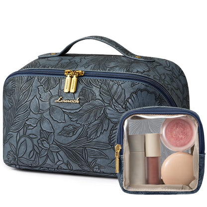 LOVEVOOK Travel Makeup Bag for Women, 2Pcs Large Capacity Cosmetic Organizer Bag, Waterproof PU Leather, Flat Open Portable Small Toiletry Pouch for Skincare, Brushes