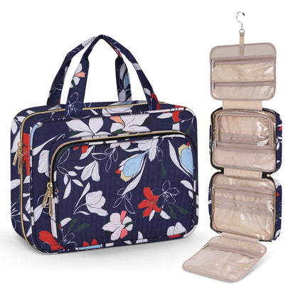 Wedama Toiletry Bag for Women, Hanging Travel Toiletry Bag with Jewelry Organizer Compartment Large Makeup Bag, PVC Waterproof Cosmetic Travel Bag for Travel Business Trips Camping Bathroom, Black
