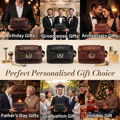 Father's Day Travel Toiletry Bag for Men, Leather Waterproof Shaving Kit Bag with Hanging Hook, Birthday Anniversary Christmas Presents for Father(DB-P)