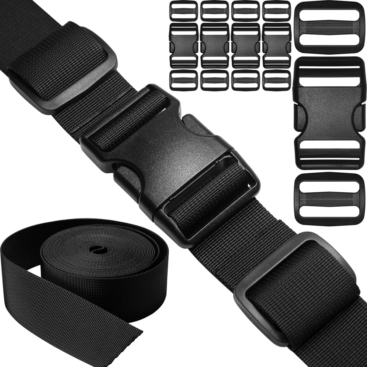 1 inch Straps and Buckles Set: 12 Yard Nylon Webbing Strap 1" Wide, 10 Pack Side Release Plastic Buckle, 20 pcs Tri-Glide Slide Clip, Heavy Duty Quick Snap Fastener Dual Adjustable No Sewing Required