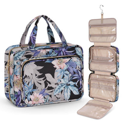 Wedama Toiletry Bag for Women, Hanging Travel Toiletry Bag with Jewelry Organizer Compartment Large Makeup Bag, PVC Waterproof Cosmetic Travel Bag for Travel Business Trips Camping Bathroom, Black