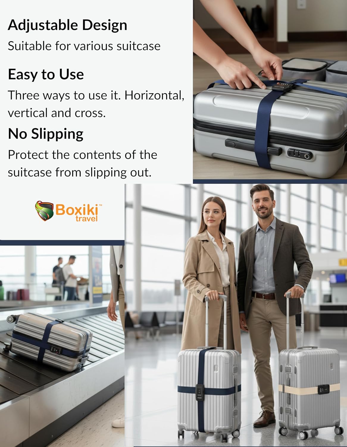 TSA Approved Luggage Straps Light Beige Set of 2 Anti-Burst Adjustable Polyester Suitcase Belts with 3-Dial Combination Lock, 190cm Heavy-Duty Travel Strap Prevents Accidental Opening