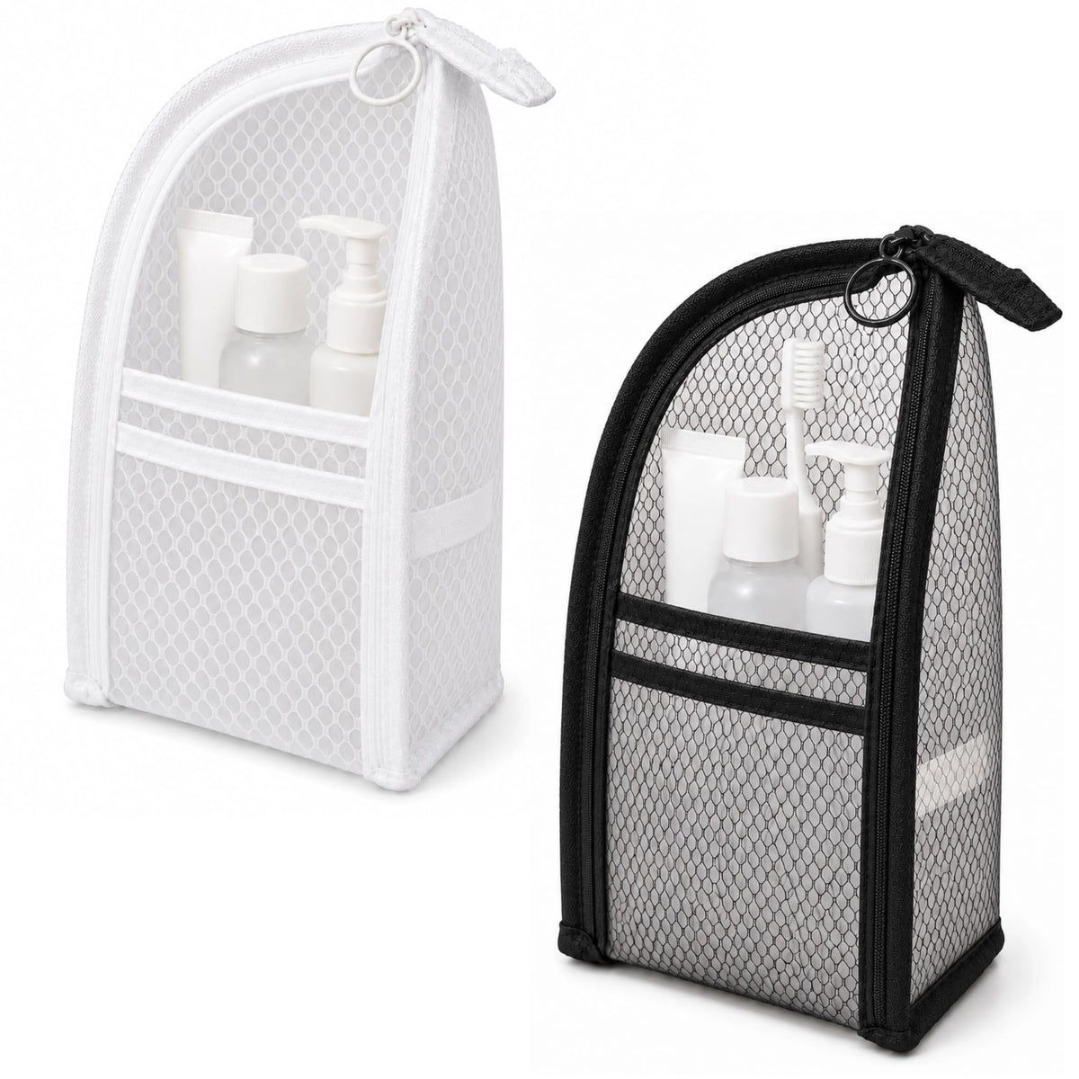 Standing Toiletry Bag Set, 4 Pack Portable EVA Mesh Travel Toiletry Pouches with Elastic Straps and Hanging Hole, Waterproof Makeup Organizer for Women Men - White Black Gray & Pink