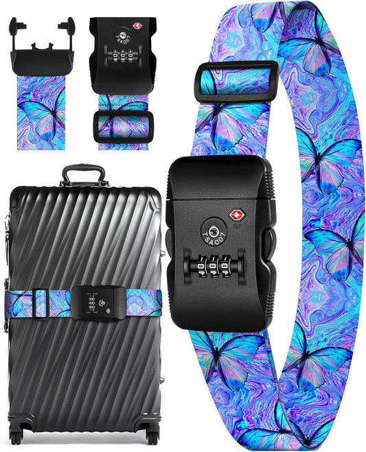 Slohif Luggage Straps TSA Lock for Suitcases - Travel Belt TSA Approved Accessories Luggage Identifiers Carry On Bag with Buckle Nylon Adjustable Band for Add a Bag Butterflies