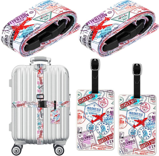 4 Pack Luggage Straps Set Adjustable Suitcase Belts with Quick Release Buckle Luggage Tags Travel Suitcase Tags with Name ID Card for Travel Bag(Stamp Pattern)