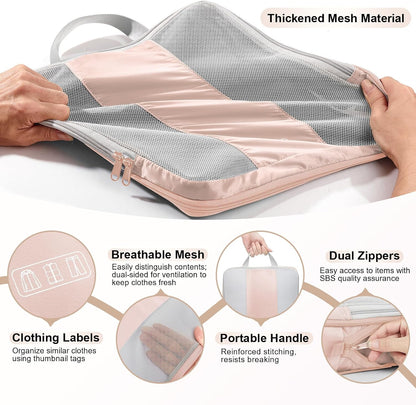 OlarHike 8 Set Compression Packing Cubes for Travel Gifts Mom Women,Airplane/Car/Cruise Travel Essentials,Compressible Expandable Space Saver Bags,Garment Bags with Over 1000 pcs Mesh Holes(Beige)