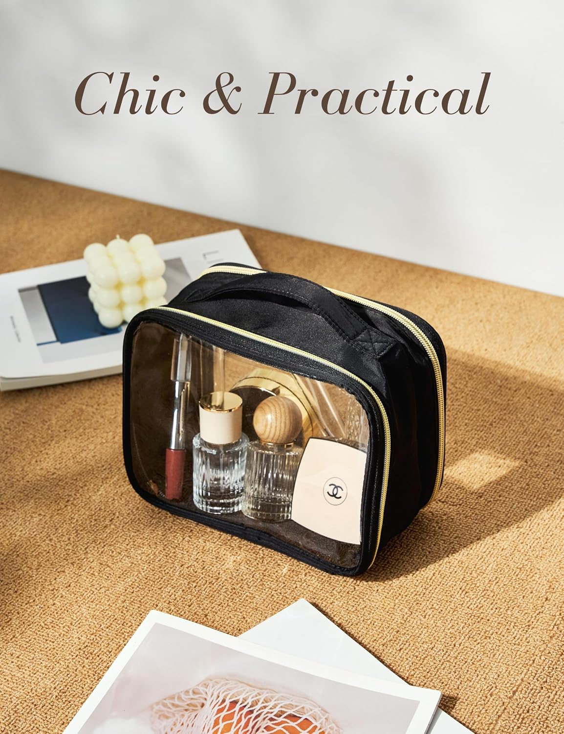 Yarnic Clear Travel Makeup Bag Transparent Cosmetic Pouch Portable Toiletry Bags Two Compartments Cosmetic Bag with Handle Nylon and PVC Make up Organizer
