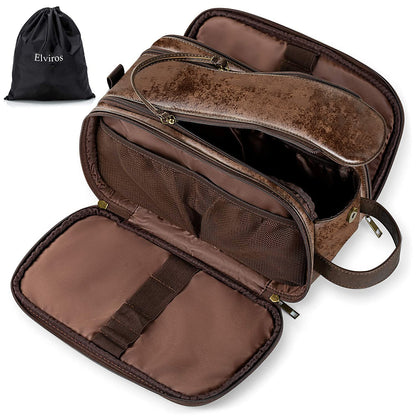 Elviros Toiletry Bag for Men PU Leather Shaving Dopp Kit (Large,Brown)