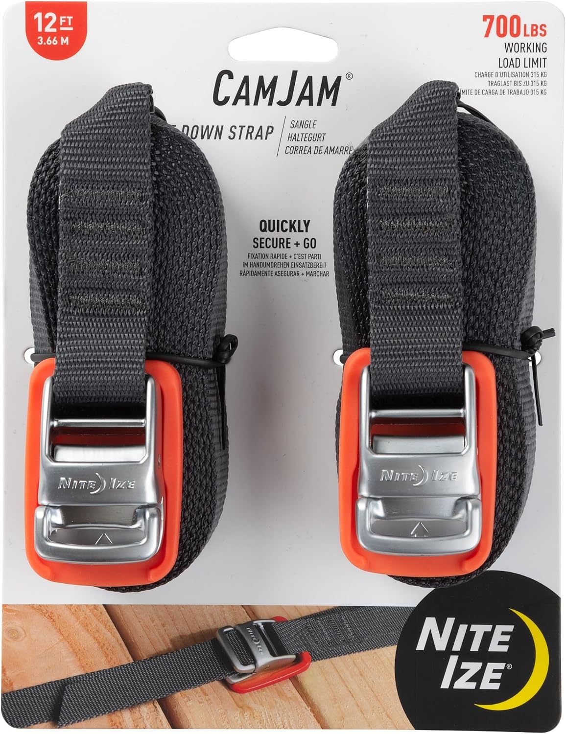 Nite Ize CamJam Tie Down Strap - Tie Down Ratchet Straps - Straps for Trucks & Cars - Tie Downs for Luggage & Gear - 12 ft Strap, Orange (Pack of 2)