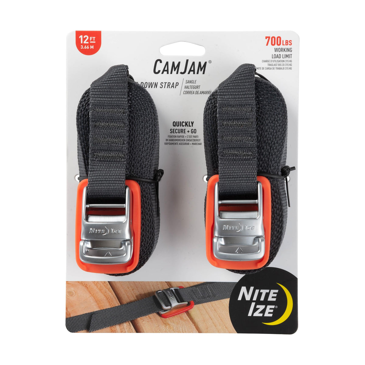 Nite Ize CamJam Tie Down Strap - Tie Down Ratchet Straps - Straps for Trucks & Cars - Tie Downs for Luggage & Gear - 12 ft Strap, Orange (Pack of 2)