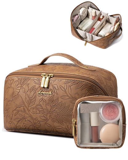 LOVEVOOK Travel Makeup Bag for Women, 2Pcs Large Capacity Cosmetic Organizer Bag, Waterproof PU Leather, Flat Open Portable Small Toiletry Pouch for Skincare, Brushes