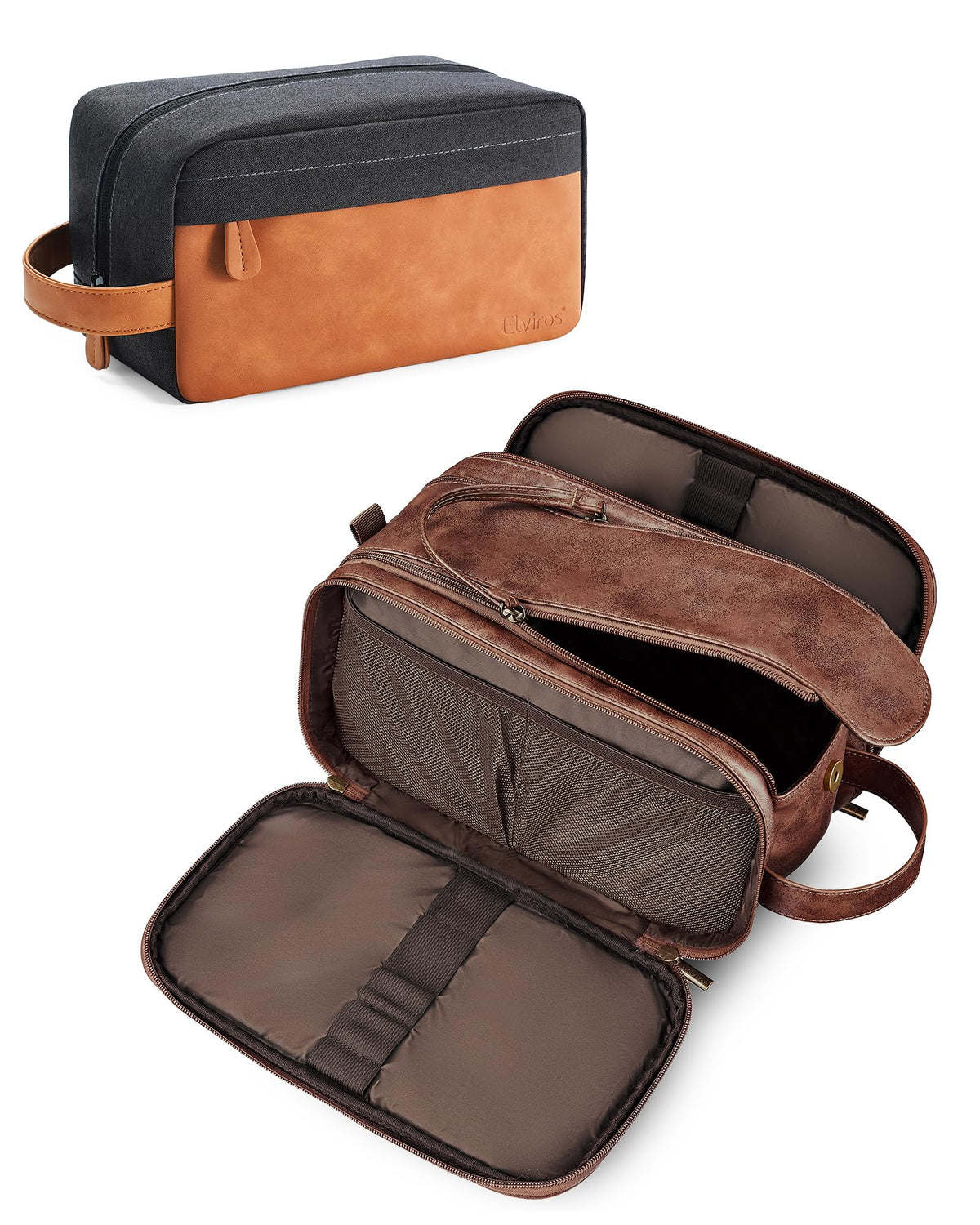 Elviros Toiletry Bag for Men PU Leather Shaving Dopp Kit (Large,Brown)