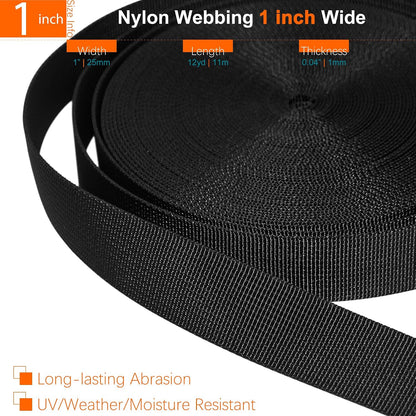 1 inch Straps and Buckles Set: 12 Yard Nylon Webbing Strap 1" Wide, 10 Pack Side Release Plastic Buckle, 20 pcs Tri-Glide Slide Clip, Heavy Duty Quick Snap Fastener Dual Adjustable No Sewing Required