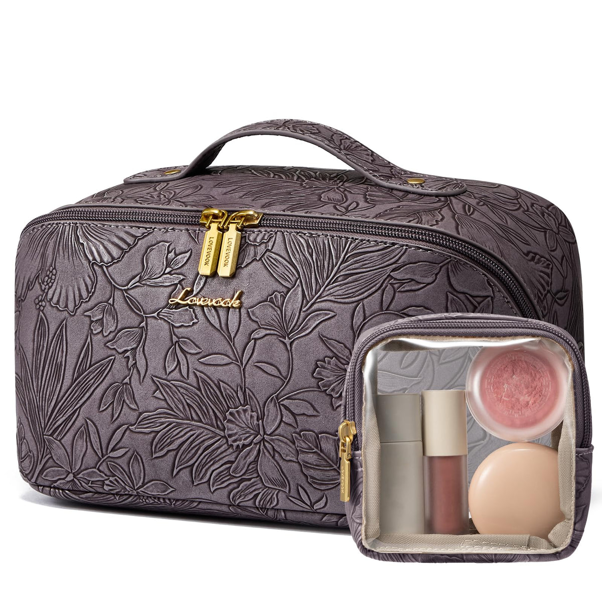 LOVEVOOK Travel Makeup Bag for Women, 2Pcs Large Capacity Cosmetic Organizer Bag, Waterproof PU Leather, Flat Open Portable Small Toiletry Pouch for Skincare, Brushes
