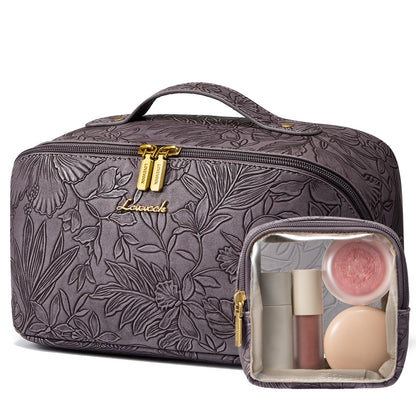 LOVEVOOK Travel Makeup Bag for Women, 2Pcs Large Capacity Cosmetic Organizer Bag, Waterproof PU Leather, Flat Open Portable Small Toiletry Pouch for Skincare, Brushes