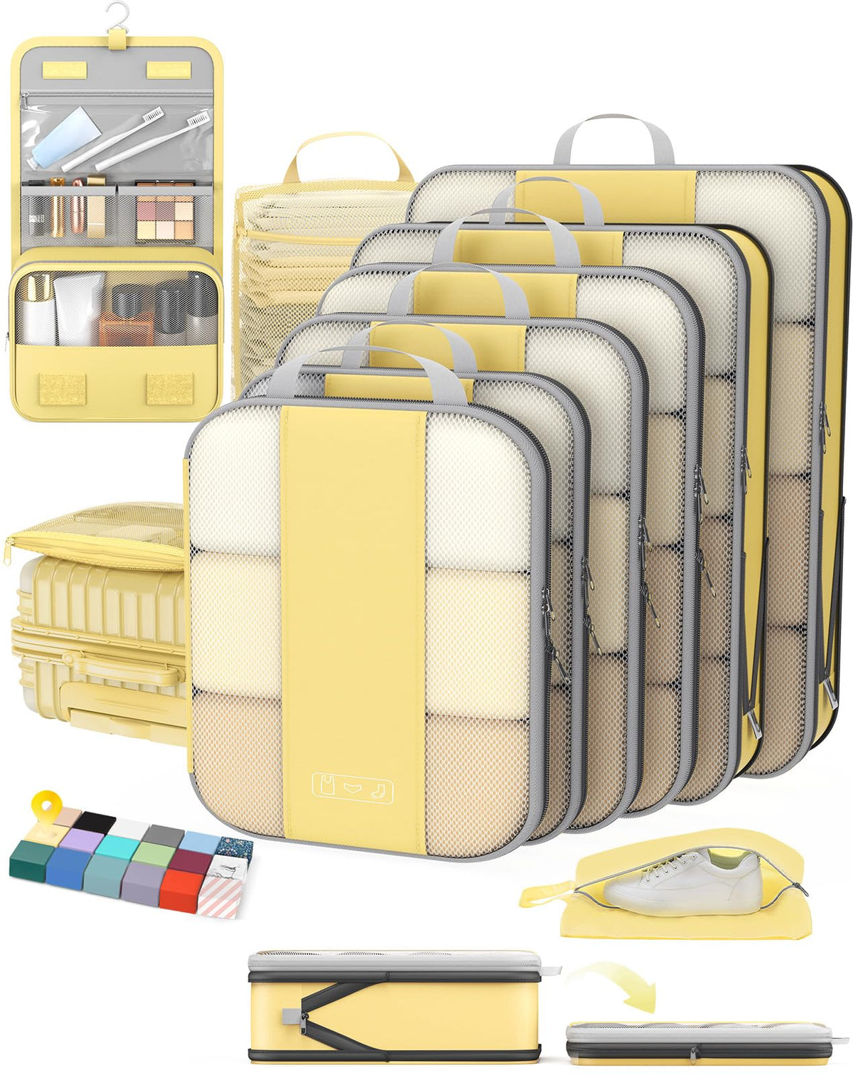 OlarHike 8 Set Compression Packing Cubes for Travel Gifts Mom Women,Airplane/Car/Cruise Travel Essentials,Compressible Expandable Space Saver Bags,Garment Bags with Over 1000 pcs Mesh Holes(Beige)