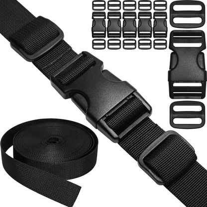 1-1/2" Straps and Buckles Set: 6 yard Nylon Webbing 1.5 inch (38 mm) Wide, 4 pack Side Release Buckle, 8 pcs Tri-Glide Sliders, Plastic Clip Fasteners Replacement Heavy Duty Dual Adjustable No Sew