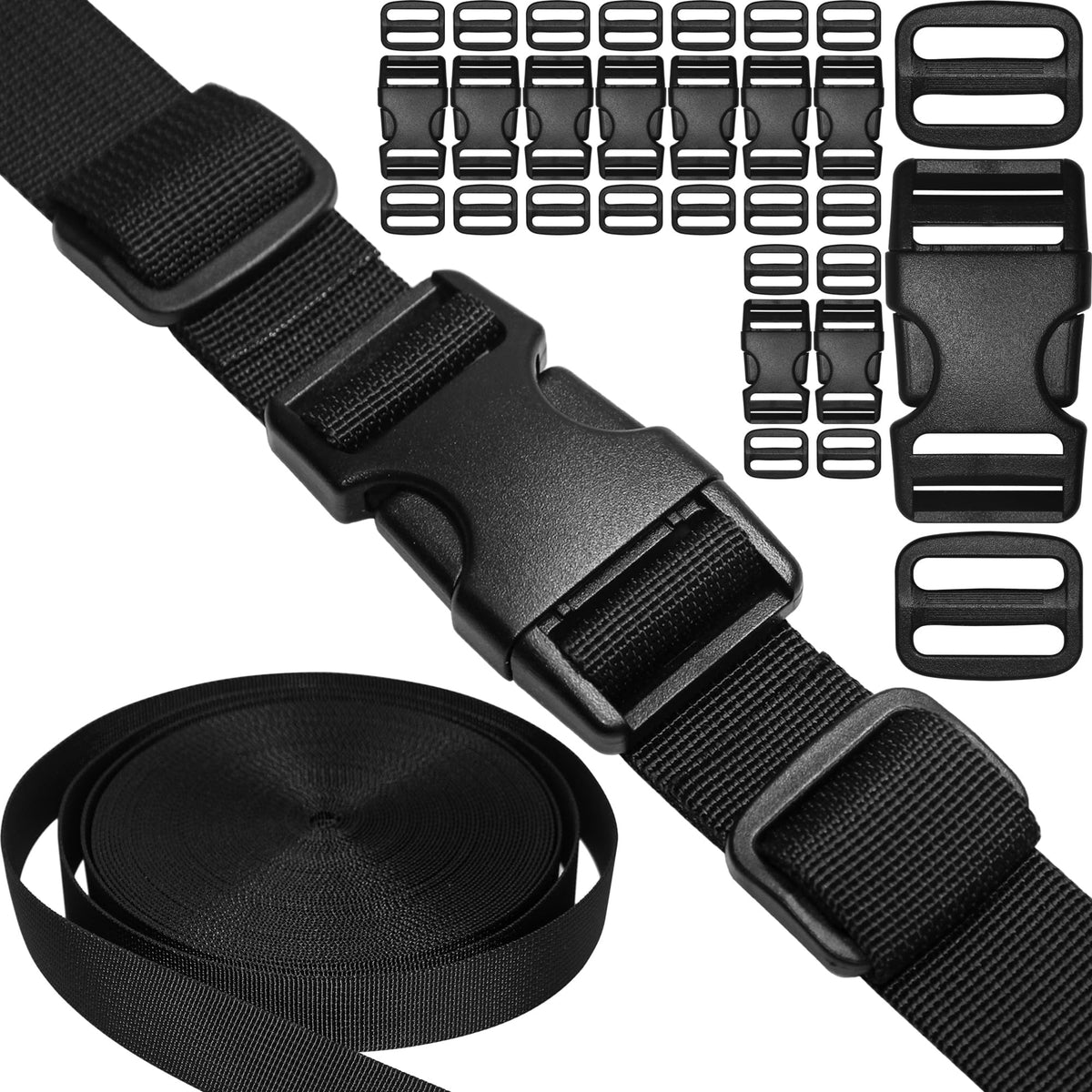 1-1/2" Straps and Buckles Set: 6 yard Nylon Webbing 1.5 inch (38 mm) Wide, 4 pack Side Release Buckle, 8 pcs Tri-Glide Sliders, Plastic Clip Fasteners Replacement Heavy Duty Dual Adjustable No Sew