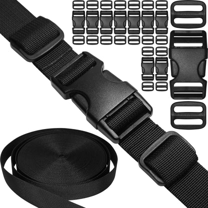 1-1/2" Straps and Buckles Set: 6 yard Nylon Webbing 1.5 inch (38 mm) Wide, 4 pack Side Release Buckle, 8 pcs Tri-Glide Sliders, Plastic Clip Fasteners Replacement Heavy Duty Dual Adjustable No Sew