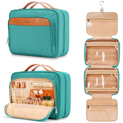 COOSKY Travel Hanging Toiletry Bag for Women, Cruise Ship Essentials, with Jewelry Organizer, Extra Large Makeup Dopp Kit, Waterproof Cosmetic Bags, Toiletries Kit Set with Trolley Belt, Blue