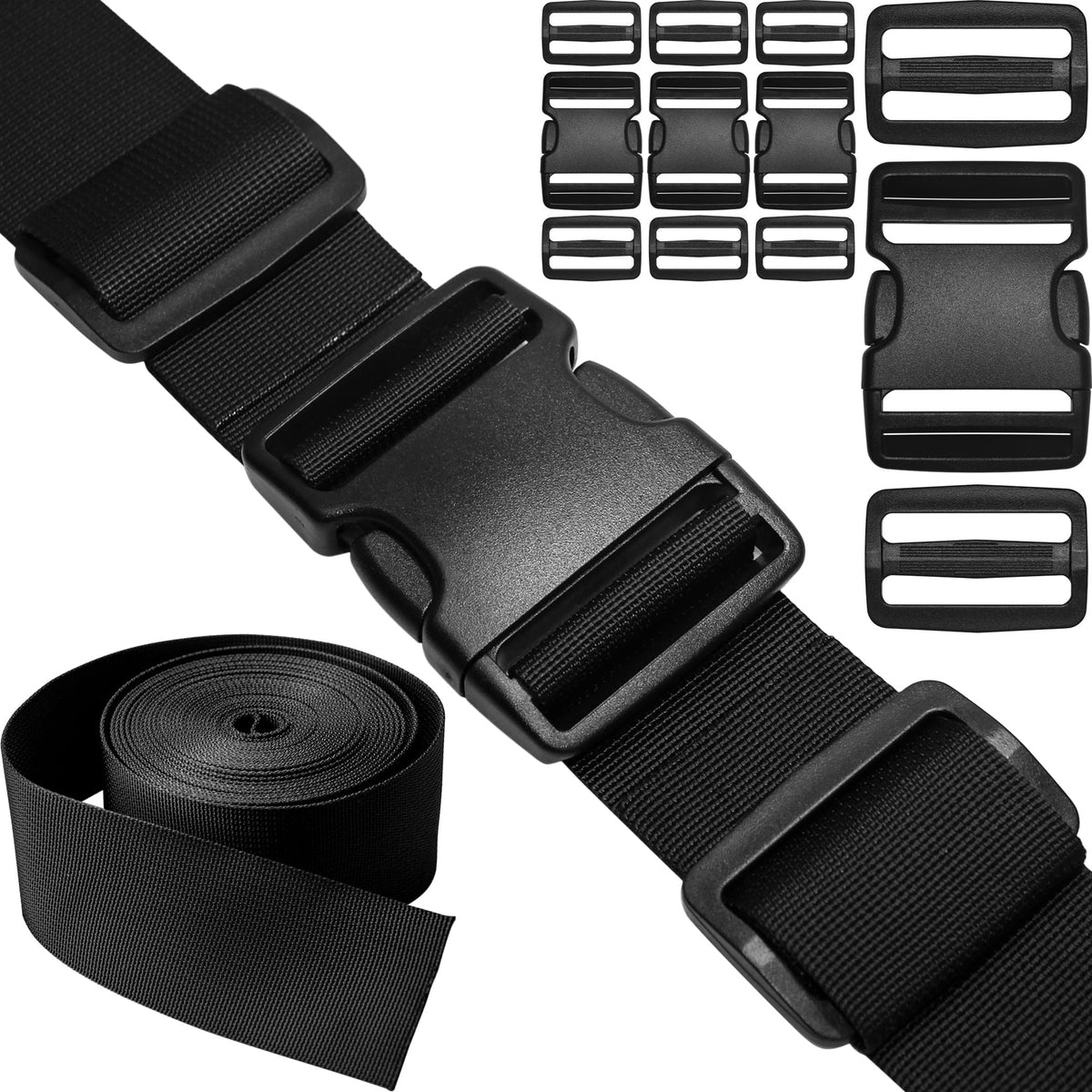 1 inch Straps and Buckles Set: 12 Yard Nylon Webbing Strap 1" Wide, 10 Pack Side Release Plastic Buckle, 20 pcs Tri-Glide Slide Clip, Heavy Duty Quick Snap Fastener Dual Adjustable No Sewing Required
