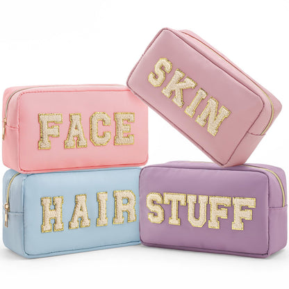 Preppy Makeup Bags Chenille Letter Stuff Bag Nylon Cosmetic Pouch Cases with Zipper for Women Travel Toiletry(Brown Set,Classic,4 Pcs)