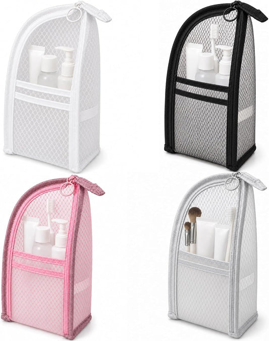 Standing Toiletry Bag Set, 4 Pack Portable EVA Mesh Travel Toiletry Pouches with Elastic Straps and Hanging Hole, Waterproof Makeup Organizer for Women Men - White Black Gray & Pink