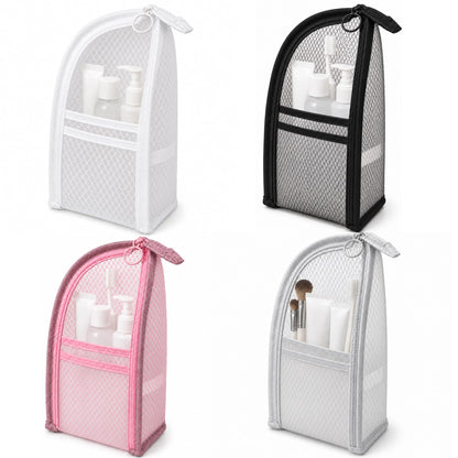 Standing Toiletry Bag Set, 4 Pack Portable EVA Mesh Travel Toiletry Pouches with Elastic Straps and Hanging Hole, Waterproof Makeup Organizer for Women Men - White Black Gray & Pink