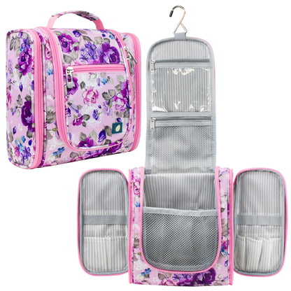 PAVILIA Toiletry Bag Travel Bag for Women Men, Hanging Cosmetic Organizer, Water Resistant Makeup Bag for Accessories Toiletries, Large Travel Essentials Kit (Floral Grey)