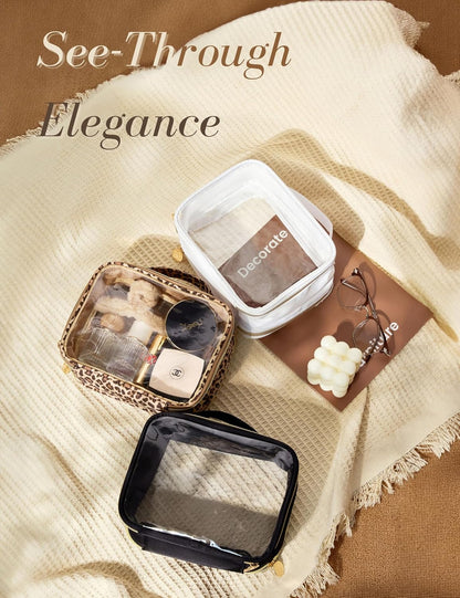 Yarnic Clear Travel Makeup Bag Transparent Cosmetic Pouch Portable Toiletry Bags Two Compartments Cosmetic Bag with Handle Nylon and PVC Make up Organizer
