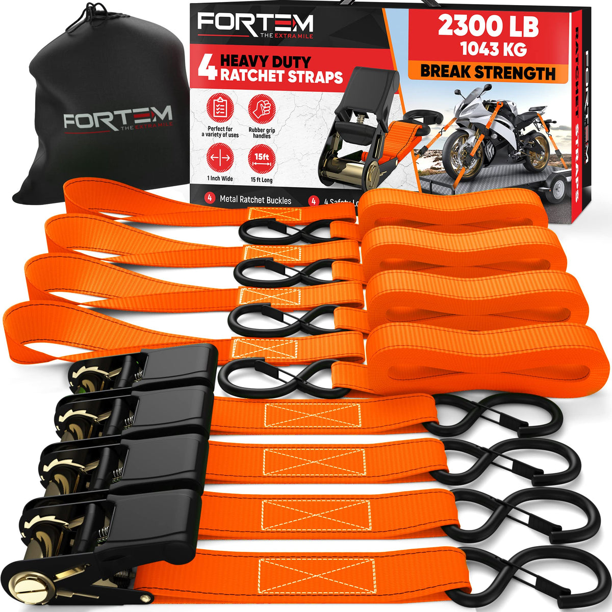 FORTEM Ratchet Straps - Tie Down Strap Set, 4 Pack, 1650lb Break Strength