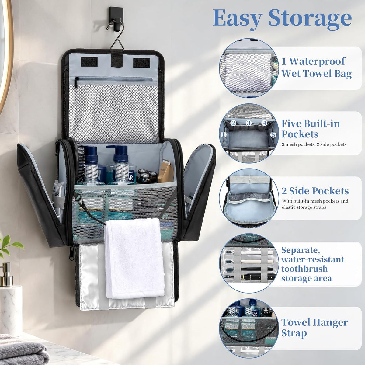 GDNasist Hanging Travel Toiletry Bag for Men, Large Hygiene Bag Organizer