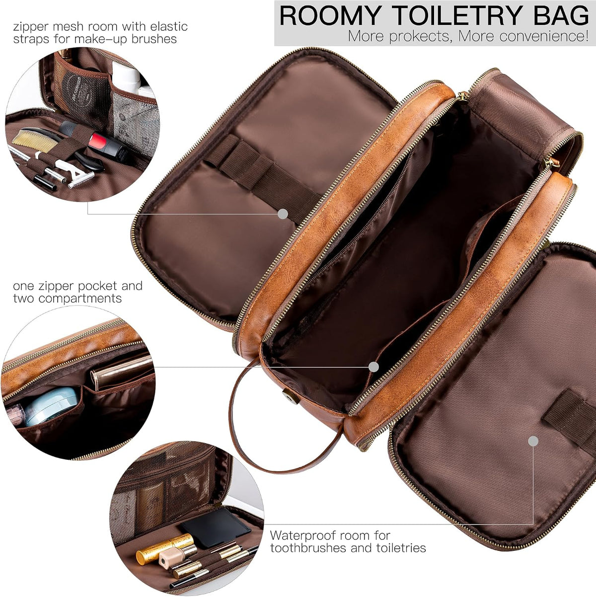Elviros Toiletry Bag for Men PU Leather Shaving Dopp Kit (Large,Brown)