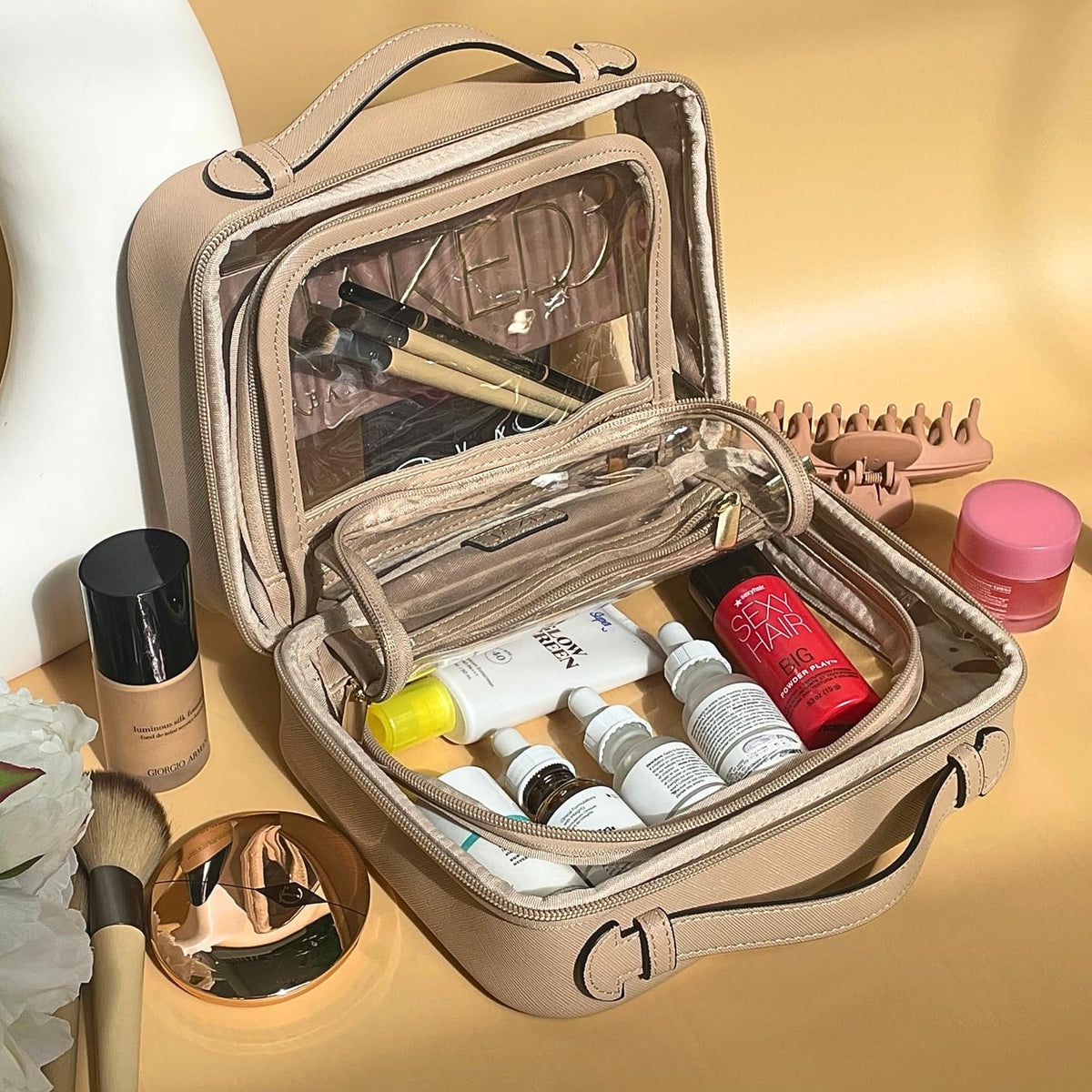 JAZD Clear Makeup Bag Toiletry Bag for Women Cosmetic Case Large Capacity Travel Make Up Bag Organizer Transparent Storage Compartment TSA Approved (BEIGE)