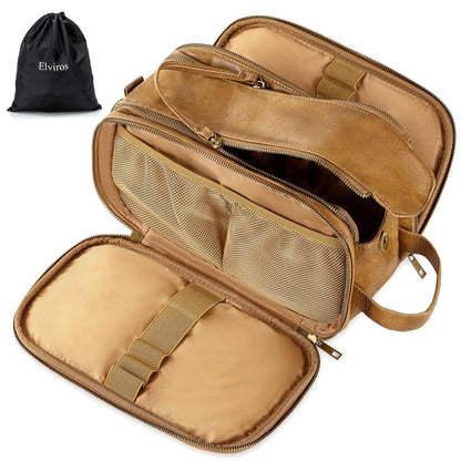 Elviros Toiletry Bag for Men PU Leather Shaving Dopp Kit (Large,Brown)