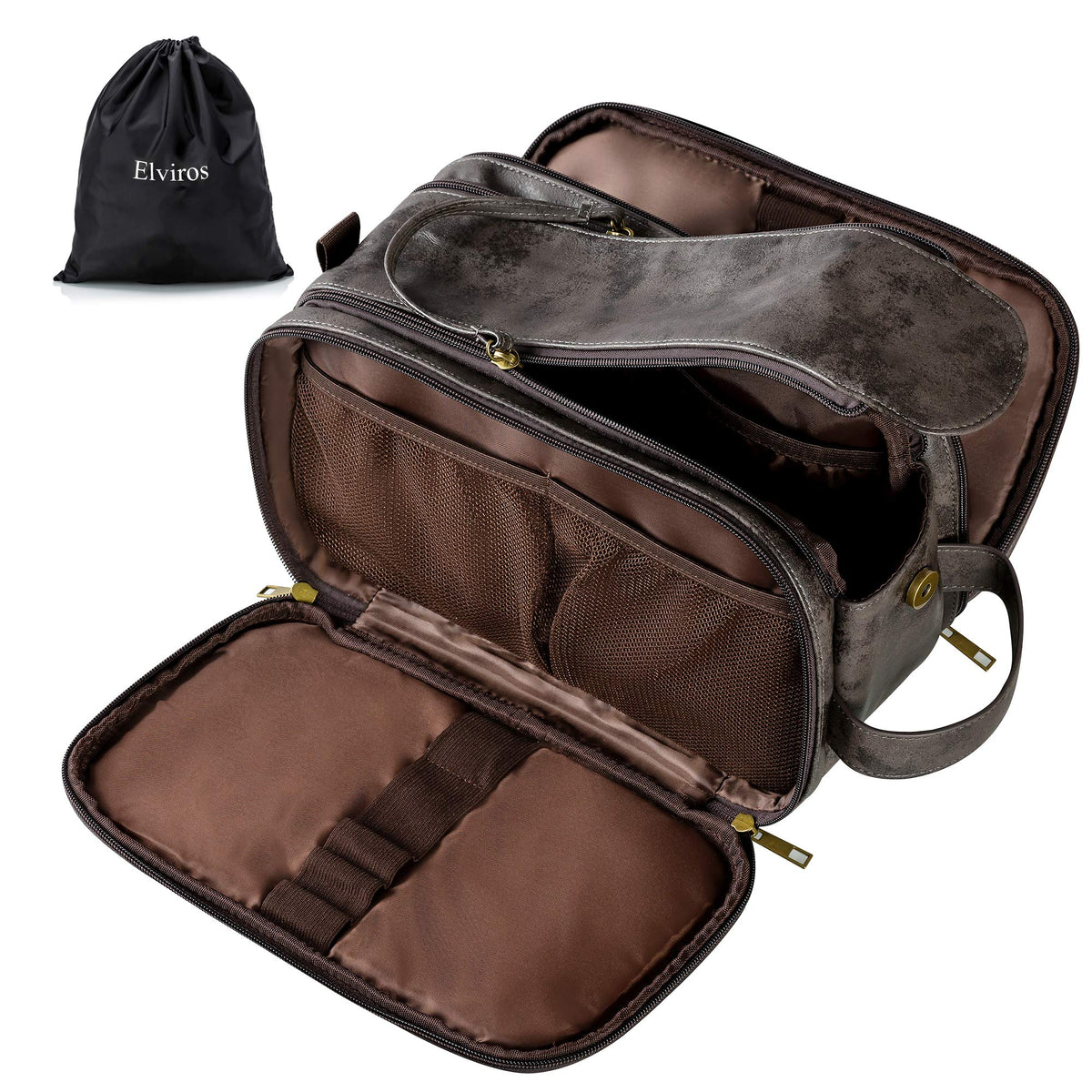Elviros Toiletry Bag for Men PU Leather Shaving Dopp Kit (Large,Brown)